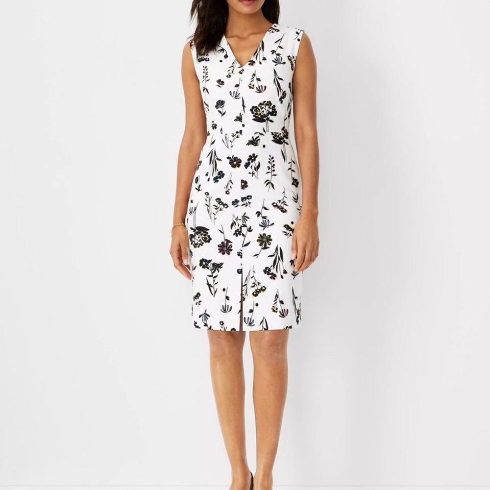 Ann Taylor White Midi Dress with Black Floral Pattern